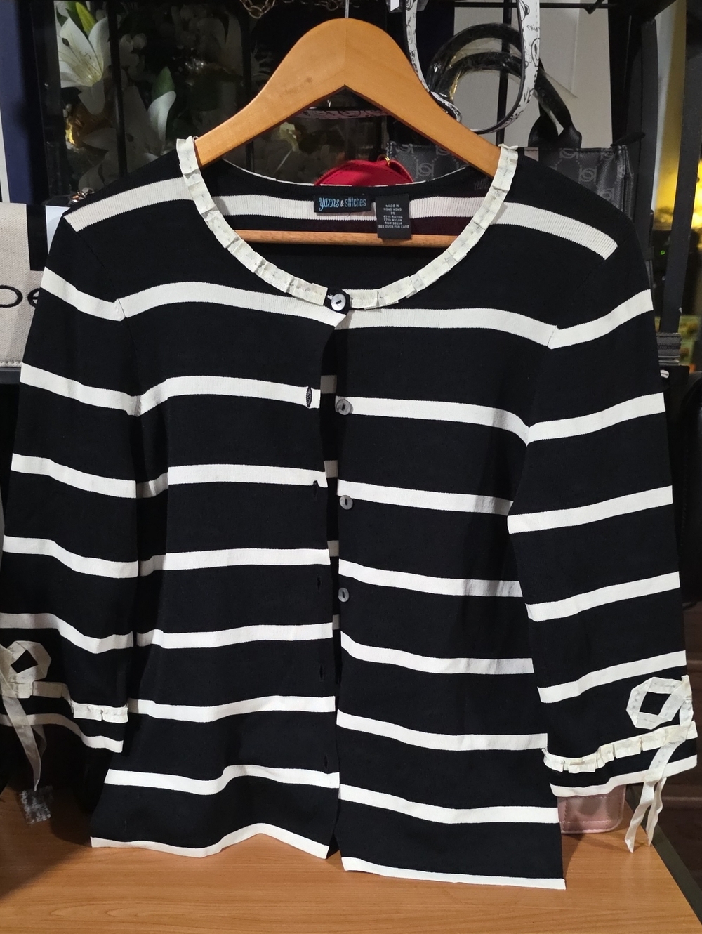 Jones New York Black and White Striped Button-Front Top